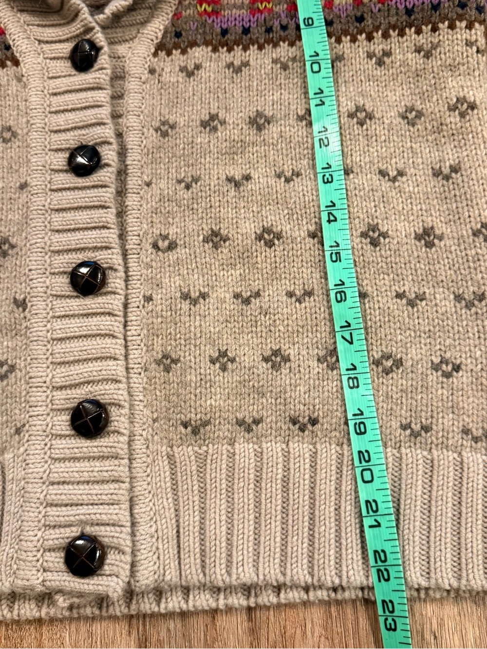 Vintage Eddie Bauer Wool Cardigan Shawl Neck Fair Isle Grey Purple Sweater Large - Picture 7 of 8